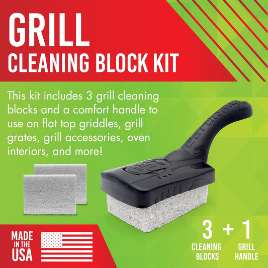 EarthStone Grill Cleaning Block Kit, 3 Blocks with 7-inch EZ-Grip Handle | Bristle Free Wire Alternative Grill Scraper Block Kit, For Porcelain, Iron Cast, & Steel Grates, No Chemical Pumice Material