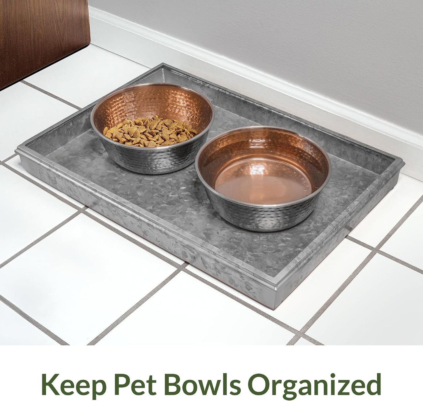 Good Directions 20″ x 14″ Decorative Squares Design Metal Boot Tray – Galvanized Steel with Copper Finish, Multi-Purpose Shoe, Plant & Pet Bowl Tray