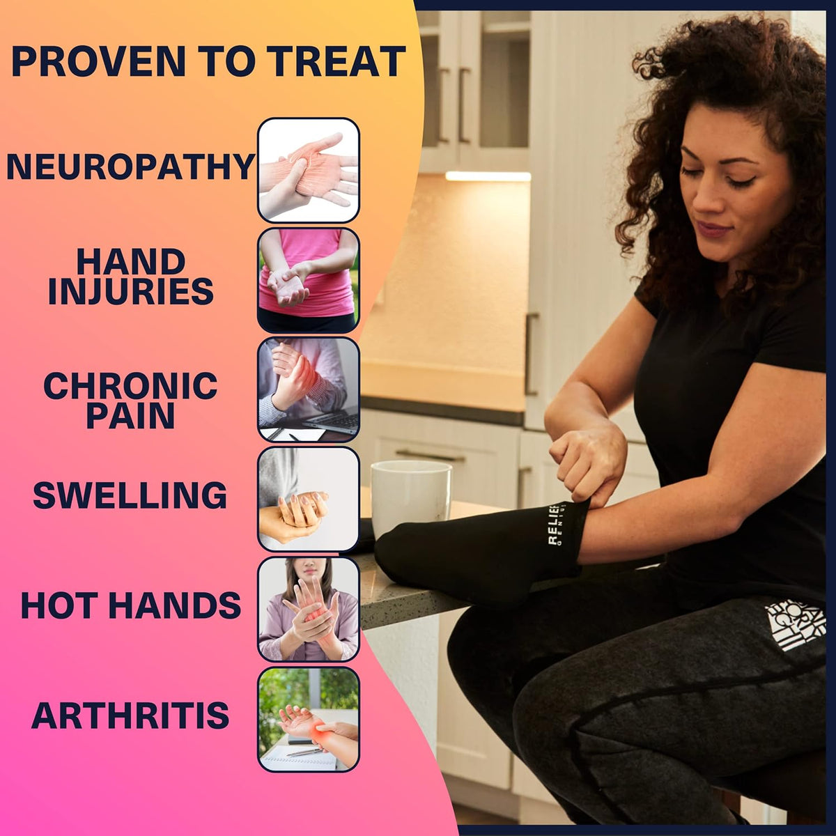 Relief Genius Cold Therapy Socks with Reusable Gel ice Packs - Achieve Relief from Sprains, Muscle Pain, Bruises, Swelling, Edema, Chemotherapy, Arthritis, Post Partum Foot (Black, Large)