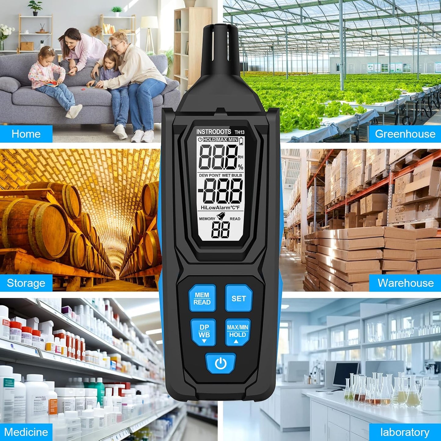 Temperature Humidity Meter, High Precision Thermometer Hygrometer with Ambient, Dew Point, Wet Bulb Thermometer, Dual Display Temperature & Humidity with LCD Backlight, TH10