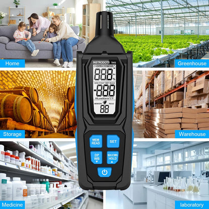 Temperature Humidity Meter, High Precision Thermometer Hygrometer with Ambient, Dew Point, Wet Bulb Thermometer, Dual Display Temperature & Humidity with LCD Backlight, TH10