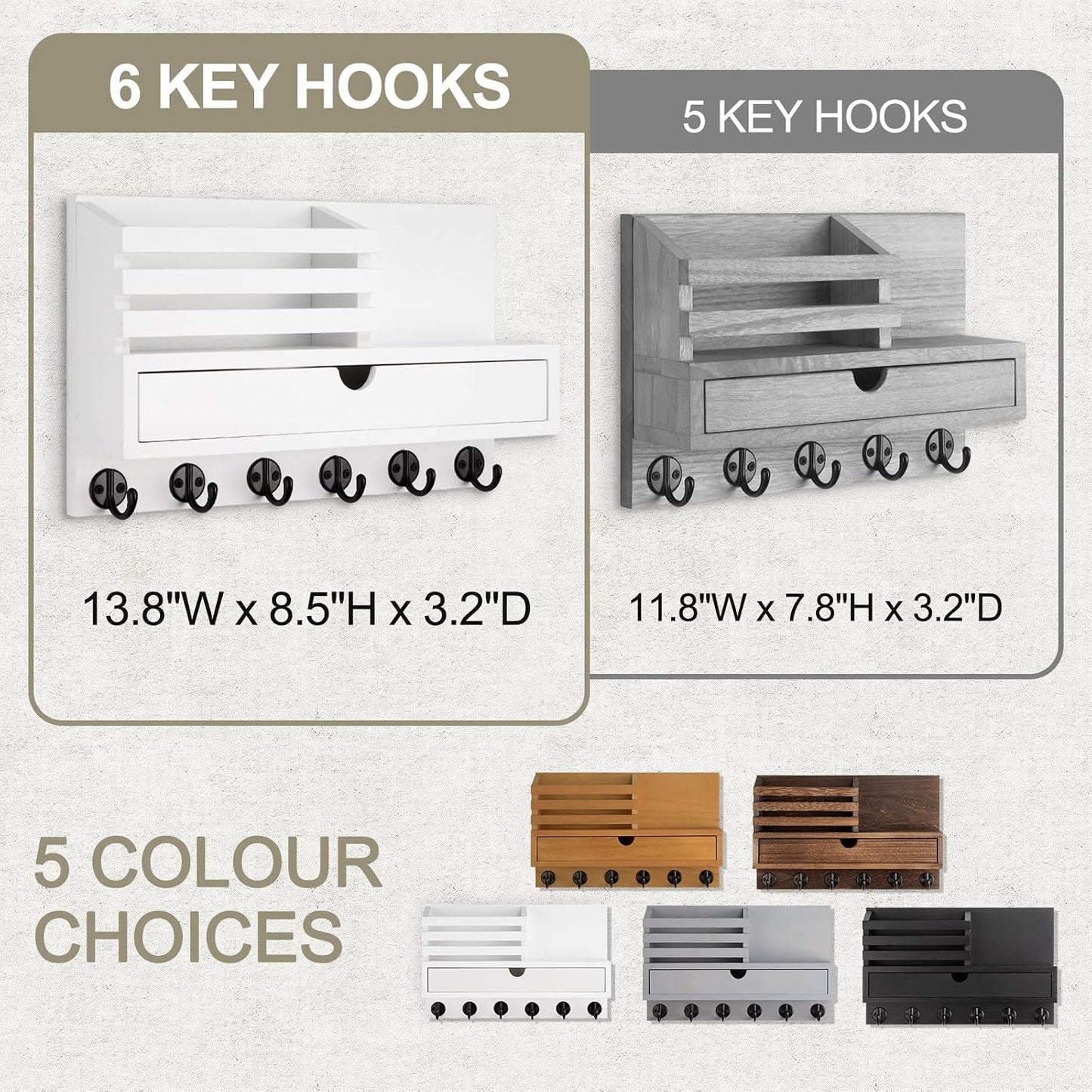 Key Holder Wall Mount, Mail Holder with Storage Drawer | Key and Mail Holder with 5 Key Hooks for Coat, Dog Leash, Home Decor Rack, House Accessories, Entry Way Organizer