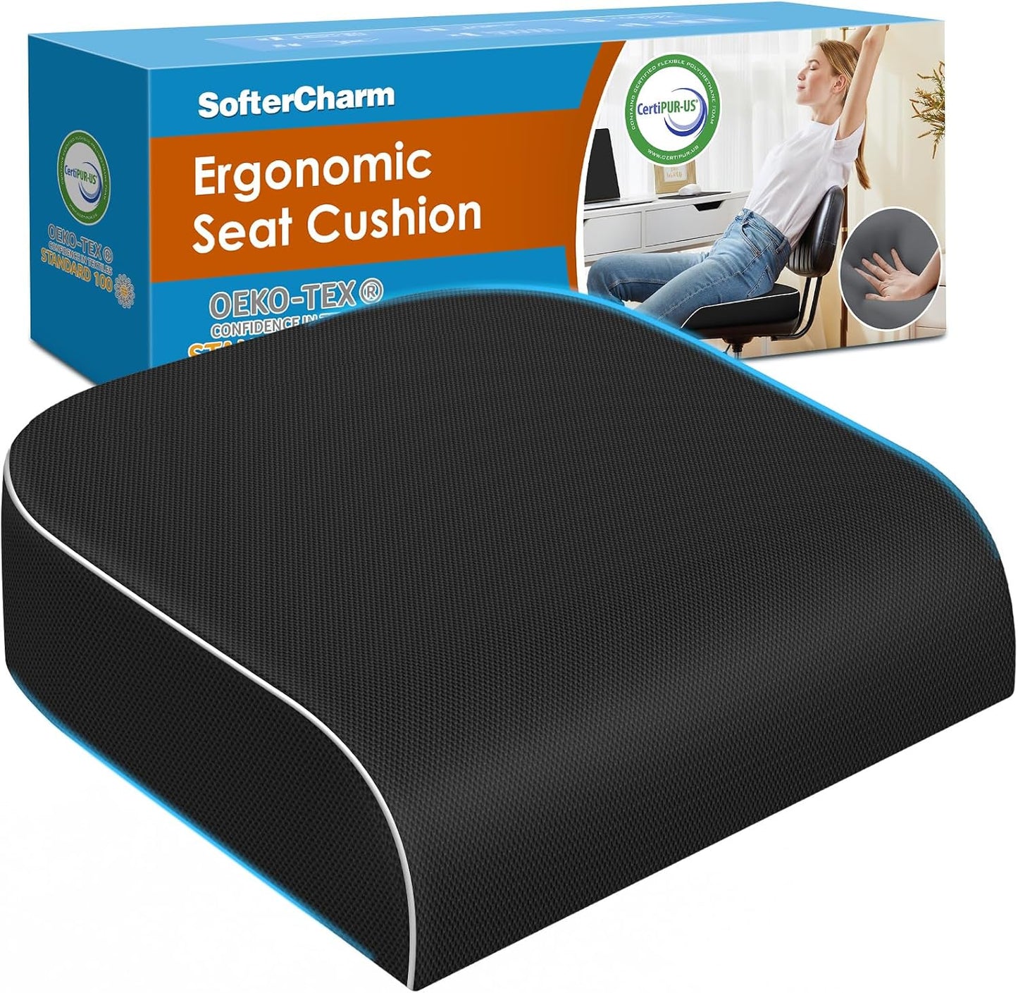 Seat Cushion, Memory Foam Office Chair Cushion, Black, Large | Office Desk Accessories, Butt Pillow for Long Sitting Sciatica, Coccyx, Tailbone, Hip Pain Relief - for Home, Car, Airplane