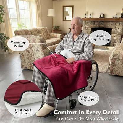 Wheelchair Lap Blanket for Seniors, 43" * 28" Soft Sherpa Lined Knee & Lap Cover, Warm Lightweight Throw with Snap Buttons, Cozy Comfort for Elderly & Caregivers, Wine Red