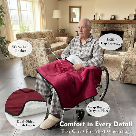 Wheelchair Lap Blanket for Seniors, 43" * 28" Soft Sherpa Lined Knee & Lap Cover, Warm Lightweight Throw with Snap Buttons, Cozy Comfort for Elderly & Caregivers, Wine Red
