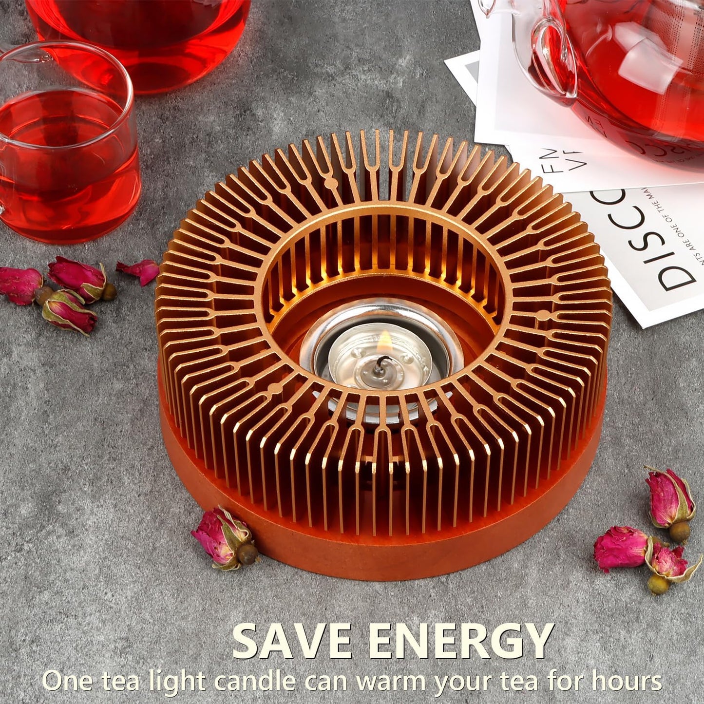 Teapot Warmer, Tea Warmer with Tealight Holder, Teapot Heater for Heating Tea, Coffee, Milk, Food, Aluminum Alloy, Rose Gold
