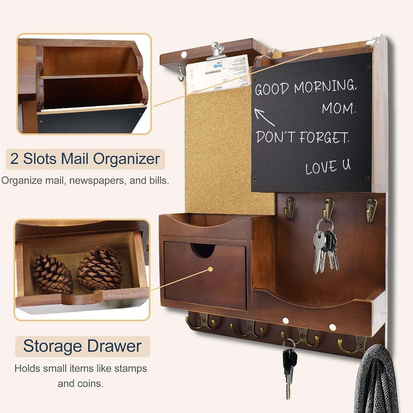 Key Holder for Wall Mount with Shelf and Mail Organizer, Key and Mail Holder with 16 Hooks, Farmhouse Entryway Organizer, Home Decor Rack (Pine Wood, White Washed)