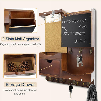 Key Holder for Wall Mount with Shelf and Mail Organizer, Key and Mail Holder with 16 Hooks, Farmhouse Entryway Organizer, Home Decor Rack (Pine Wood, White Washed)
