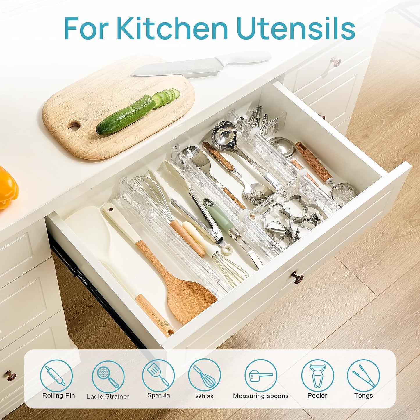 Vtopmart 2.36" Drawer Dividers with Expandable Inserts, 12.8"-22.3", 8 Pack | Adjustable Kitchen Drawer Organizer, Clear Organizer Separator for Flatware, Utensil, Cutlery, 8 Dividers with 14 Inserts