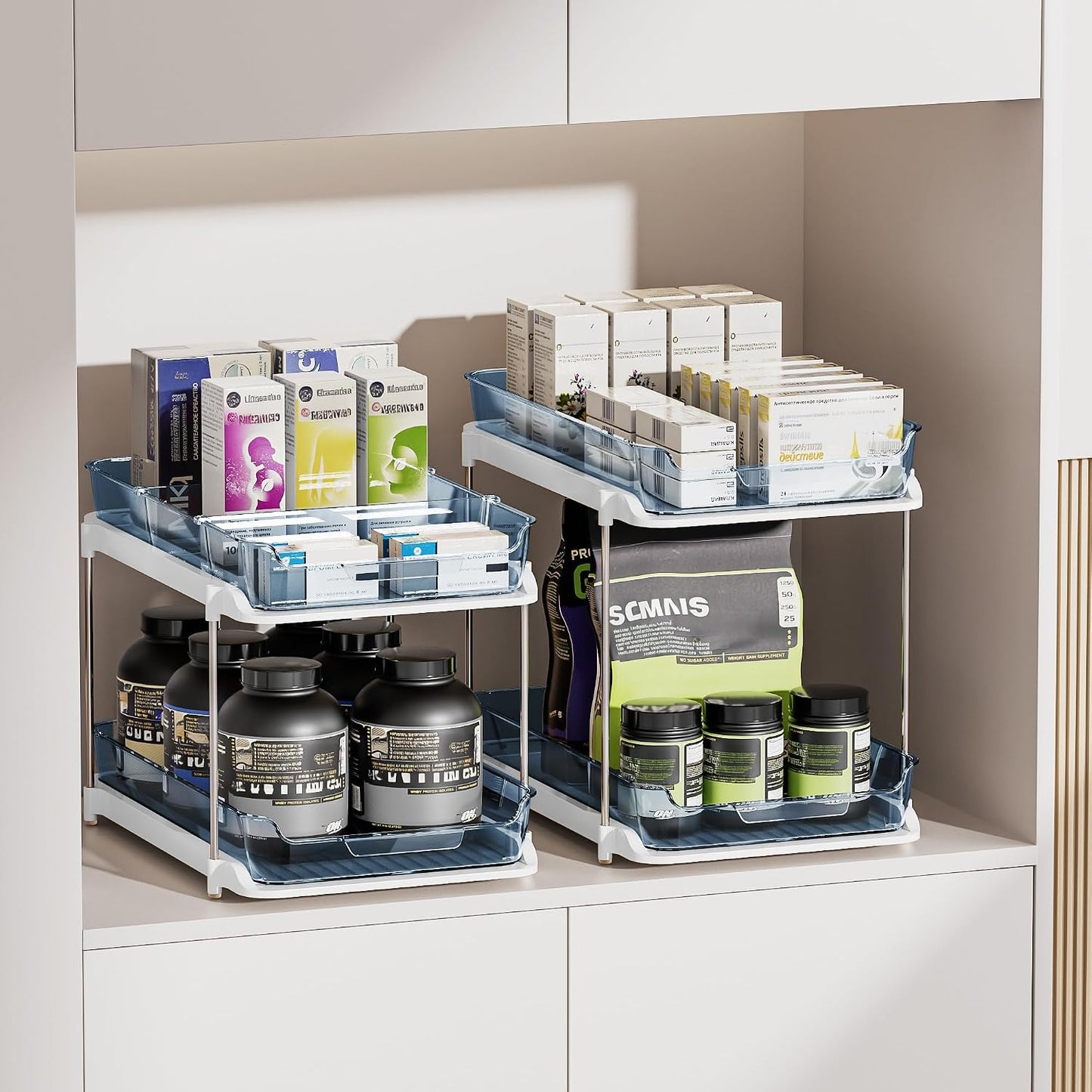 Delamu 2-Tier Multi-Purpose Bathroom Under Sink Organizers and Storage, Stackable Kitchen Pantry Organization, Pull Out Medicine Cabinet Organizer with Movable Dividers, White, 2 Pack