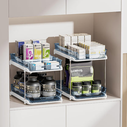 Delamu 2-Tier Multi-Purpose Bathroom Under Sink Organizers and Storage, Stackable Kitchen Pantry Organization, Pull Out Medicine Cabinet Organizer with Movable Dividers, White, 2 Pack