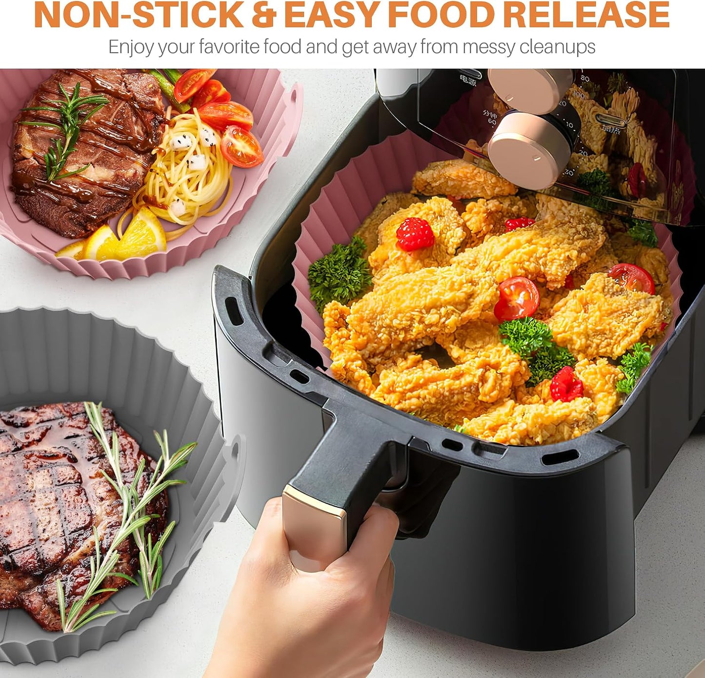 ME.FAN Air Fryer Silicone Liners for 4 to 7 QT [2 Pack] Reusable Air Fryer Basket with Handles & Holes Red