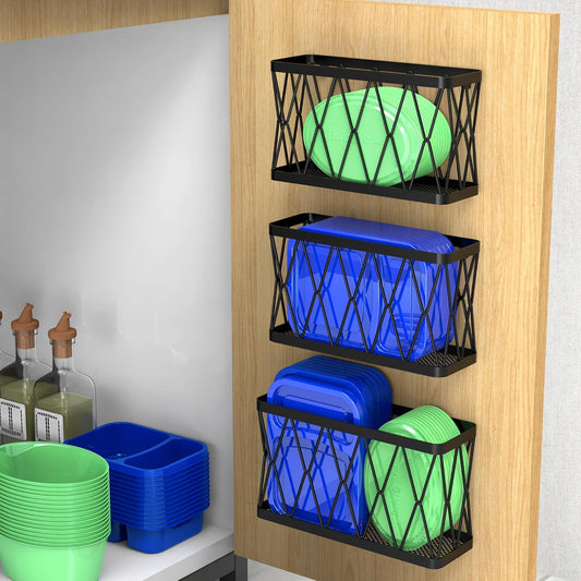 YIGII 3 Pack Adhesive Cabinet Organizer - Pantry Door Organizer Bin Holder for Tupperware Lid Kitchen, Black Stainless Steel