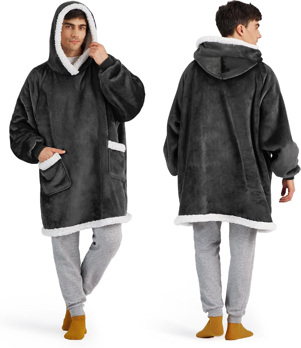 Bedsure Wearable Blanket Sherpa Hoodie Gifts, Sweatshirt, Grey, Standard