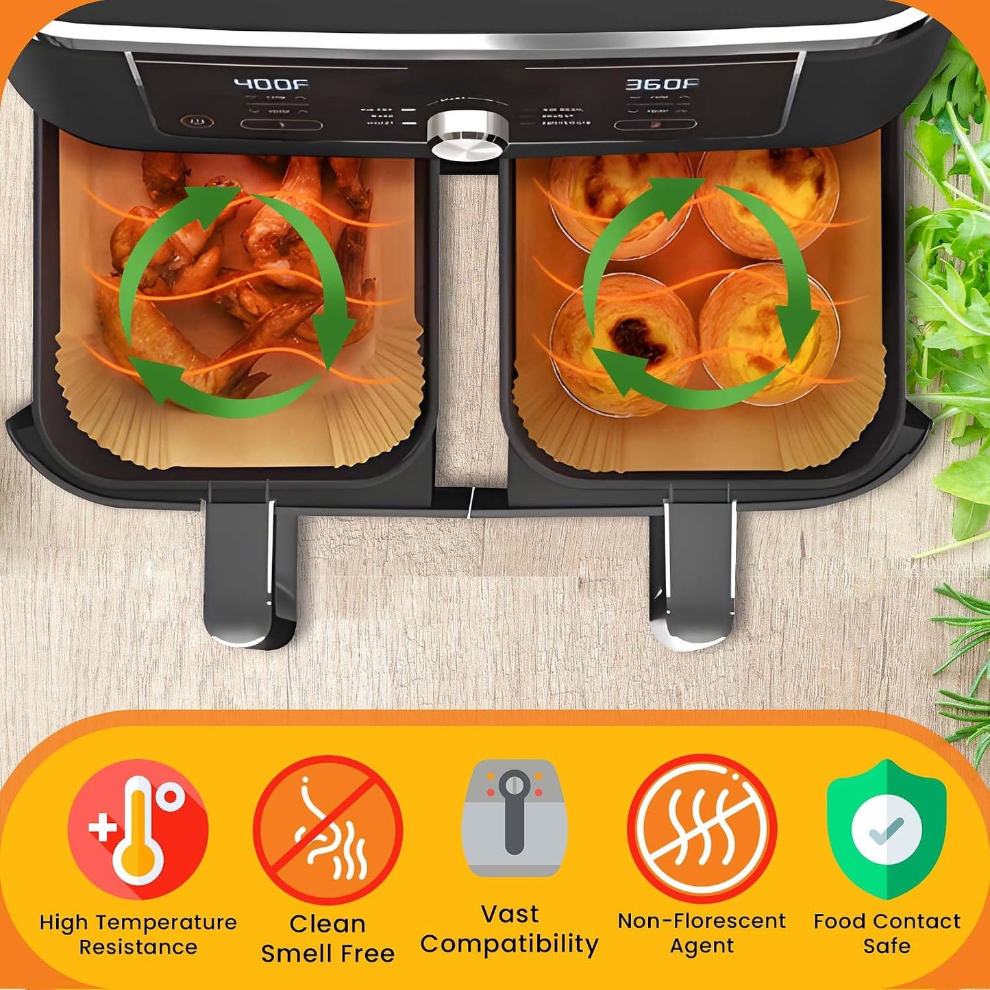 UrbanAir 6.5-Inch Square Air Fryer Paper Liners 125pcs for Easy Cleanup - Non-Stick, Heat-Resistant, and Perfect Fit for Hassle-Free Cooking | Bleach-Free Parchment| (6.5 in/16cm 125pcs)