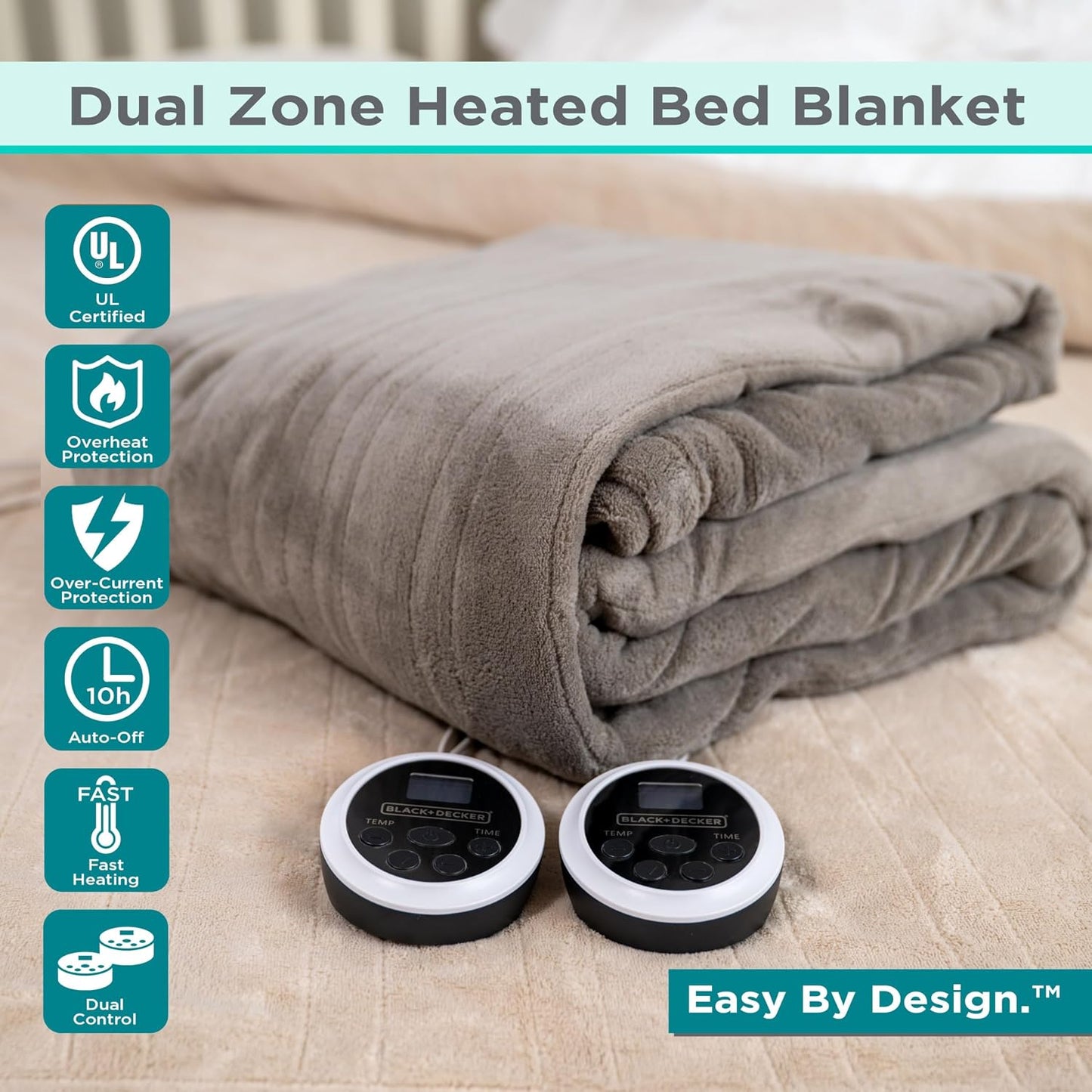 Black+Decker Heated Blanket Electric Throw, Fleece Electric Blanket, Heating Blanket with 4 Heating Levels, 3H Timer, Auto Shutoff, Fast Heating (50x60 inches, Grey)