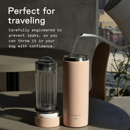 Firebelly Tea, Travel Tea Infuser Mug with Strainer, Insulated Tumbler for Loose Leaf Tea or Coffee, Leakproof Bottle for Hot or Iced Drinks, Stainless Steel Thermos with Lid, Salmon