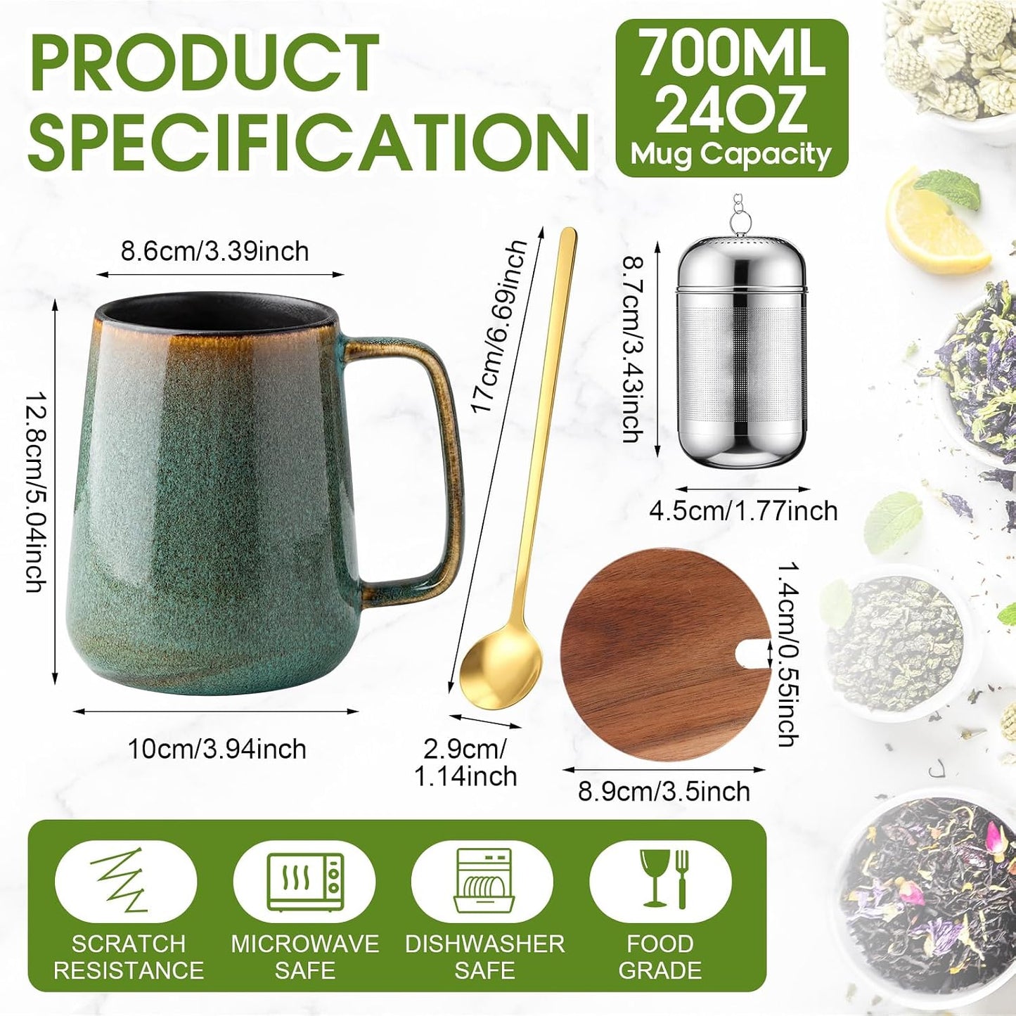 Zhehao 24oz Large Ceramic Tea Mug with Loose Leaf Infuser, Gift for Men Women, Coffee Cup with Lid & Spoon for Tea Lovers, Microwave & Dishwasher Safe, Present for Thanksgiving Christmas(Green)
