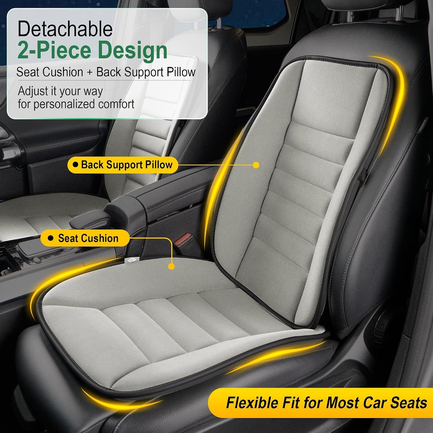 kingphenix Car Seat Cushion with Back Support Pillow, Memory Foam, Black | Memory Foam Car Cushion for Long Driving, Truck, Office Chair, Tailbone and Lower Back Support