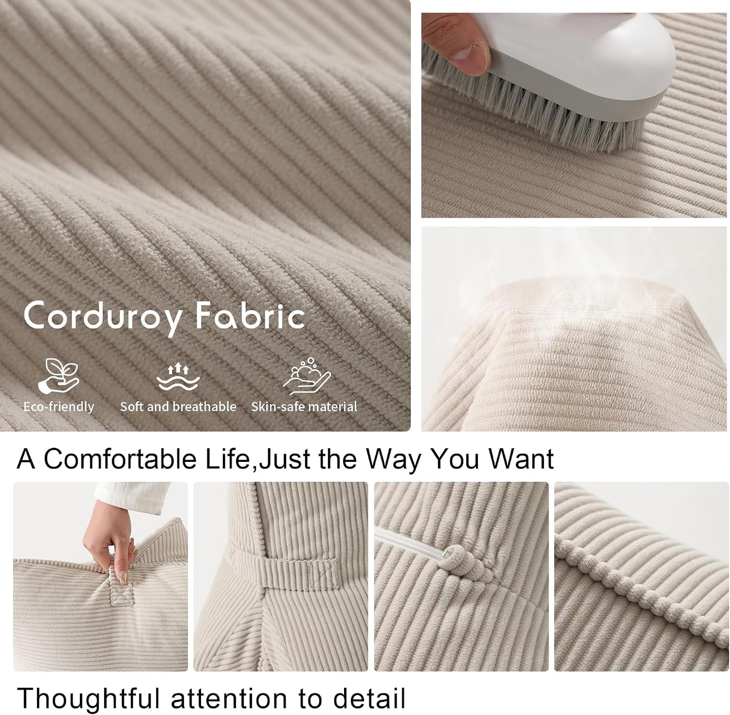 Pat. Pend. Corduroy Lumbar Support Back Pillow for Watching TV, Reading & Gaming, Ergonomic Triangle Support Cushion for Sofa, Armchair & Bed Sitting, Removable Washable Cover, Beige Gray