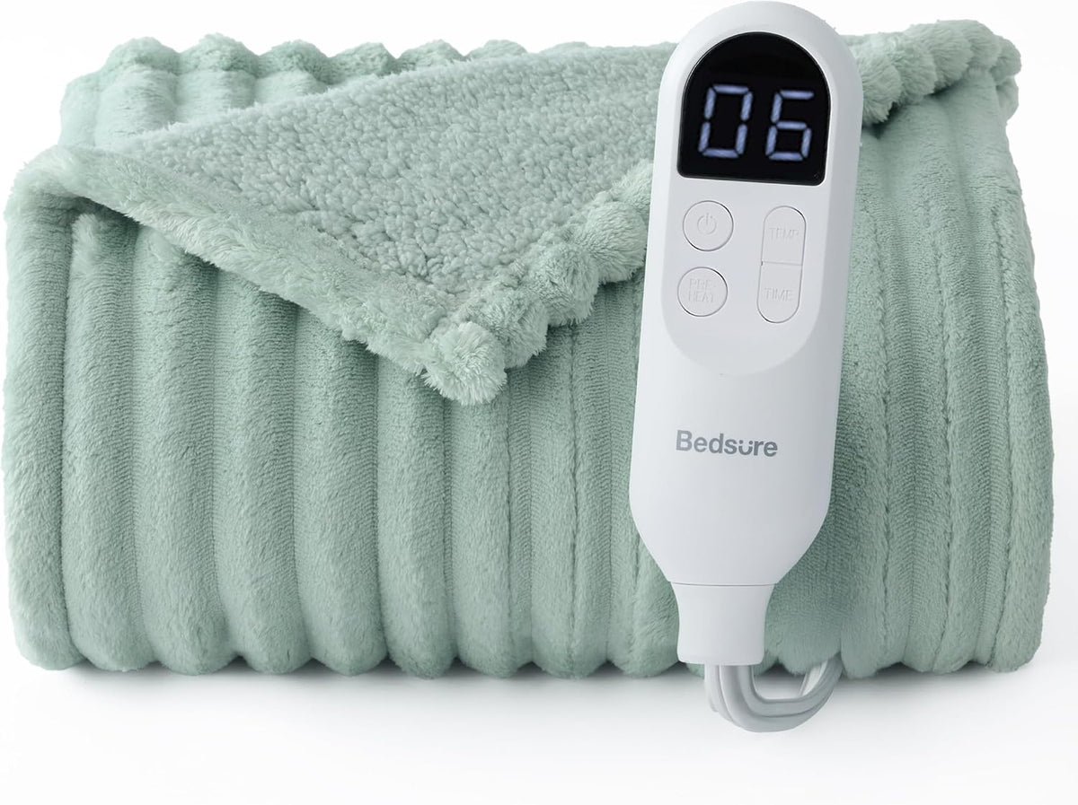 Bedsure Heated Blanket Electric Throw - Thick Striped Fast Heating Electric Blanket with Preheat Function, 6 Heat & 6 Timer (Up to 10H), 8H Auto Off, ETL Certified, Gifts for Women (50"x60", White)