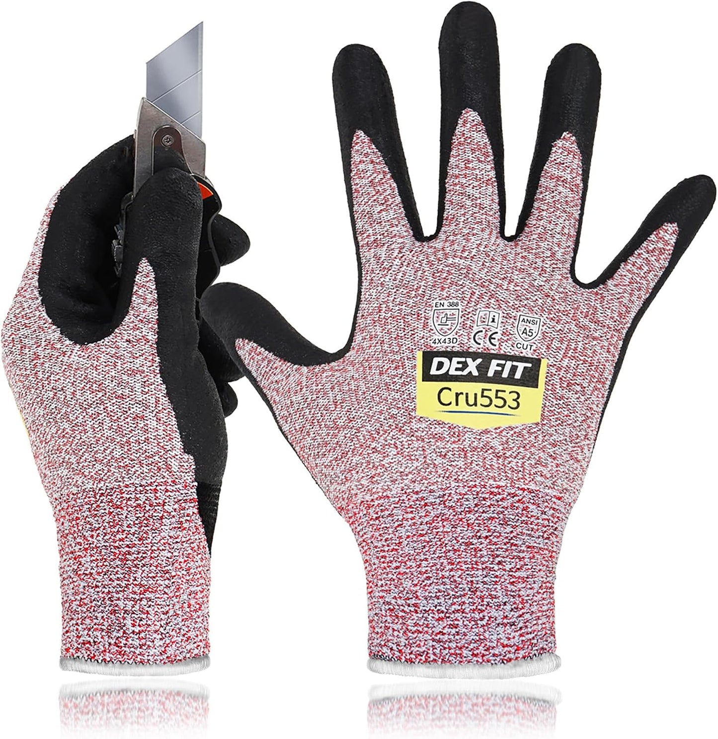DEX FIT Level 5 Cut Resistant Gloves Cru553, 3D-Comfort Fit, Firm Grip, Thin & Lightweight, Touch-Screen Compatible, Durable, Breathable & Cool, Machine Washable; Grey L (9) 1 Pair