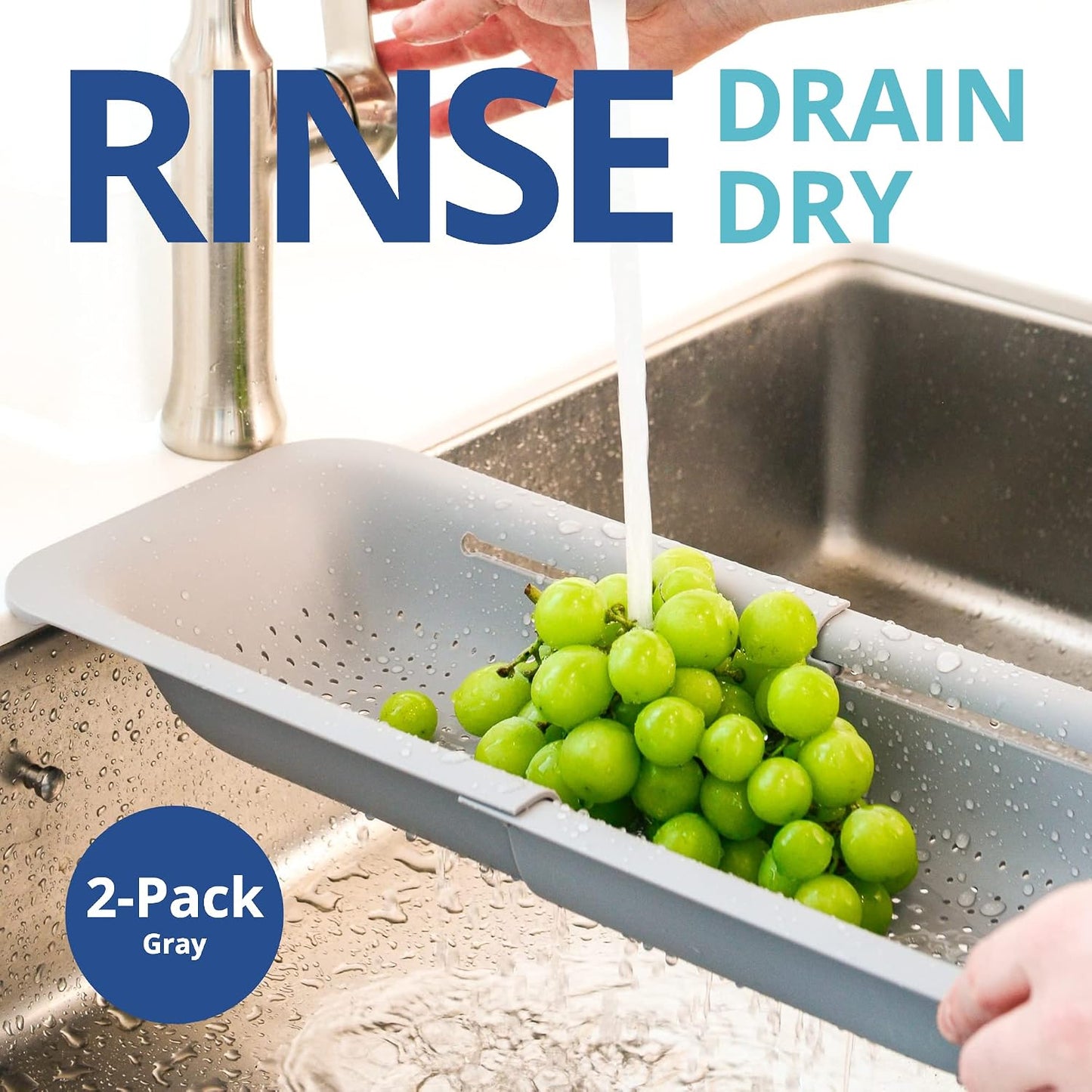 Blue Ginkgo Over Sink Colander, Extendable Kitchen Strainer, Grey | Fits Most Sinks. Rinse, Drain and Dry with Ease.