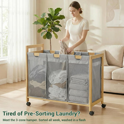 250L Laundry Sorter with Wheels, 3-Section Laundry Hamper, Black | 66 Gal Large Laundry Cart with Removable Bags, Rolling Laundry Basket, Water-Resistant, Bamboo Frame, Laundry Room Organizer