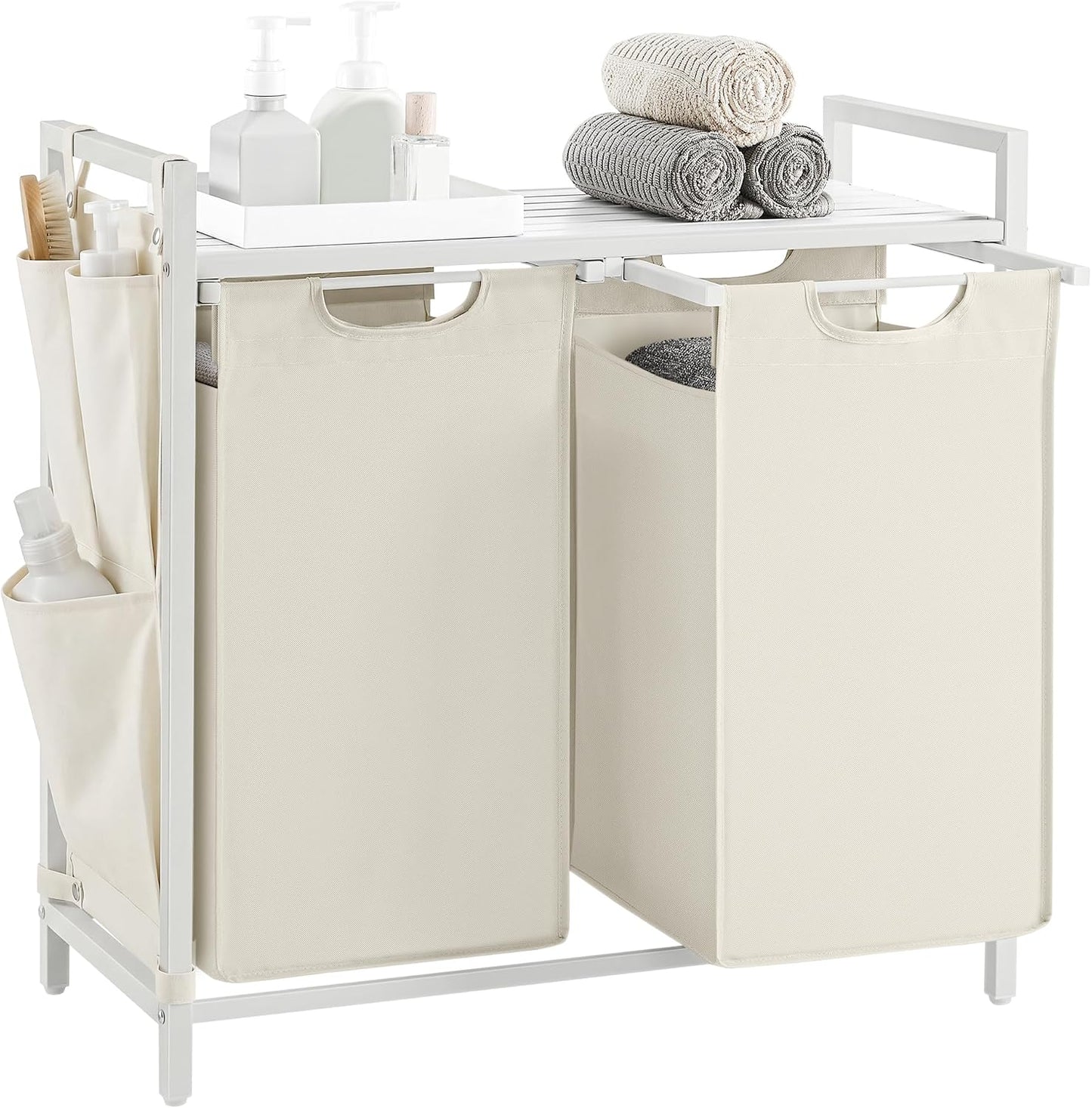 VASAGLE Laundry Hamper, Laundry Basket Sorter with 3 Pull-Out and Removable Bags, Shelf, Metal Frame, 3 x 10.6 Gallons (40 L), 36.4 x 13 x 28.4 Inches, Cappuccino Beige and Natural Beige UBLH301LH01