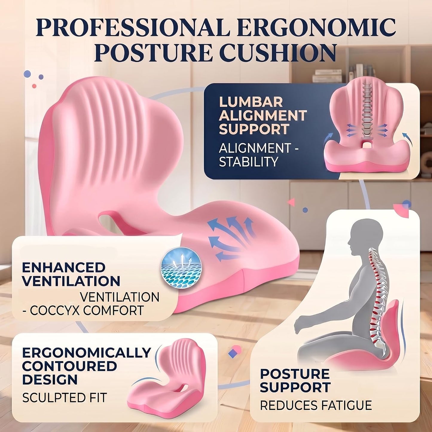 Ergonomic Seat Memory Foam Support Cushion for Back, Car Seat Back Support Cushion for Sciatica Tailbone Pain, Office Desk Chair Car Travel Seat Cushion (Pink)