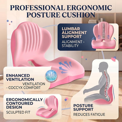 Ergonomic Seat Memory Foam Support Cushion for Back, Car Seat Back Support Cushion for Sciatica Tailbone Pain, Office Desk Chair Car Travel Seat Cushion (Pink)