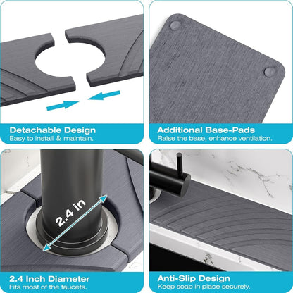SpaceHacks Stone Faucet Mat for Kitchen Sink 23.7x4 in, Light Gray | Fast Drying Diatomite Stone Drying Mat, Water Splash Guard, Textured Drainage Sink Protector, Suits Bathroom&Kitchen Counter