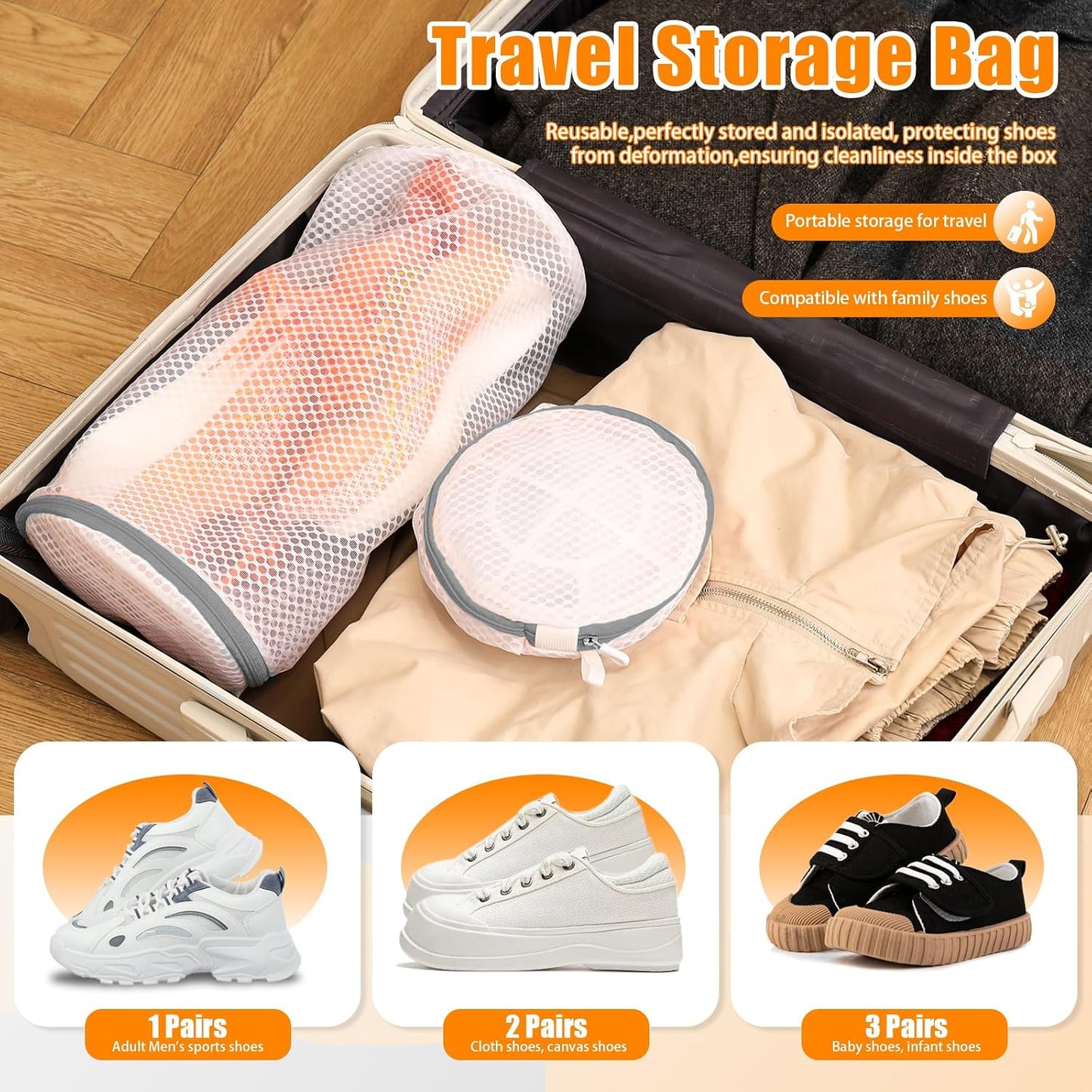 Shoe Washing Machine Bag, Laundry Bag for Sneakers, Orange, 7x15 | Bag to Wash Shoes in Washer and Dryer, for Tennis, Footwear, Trainers, Slippers, Prevent Tangling, Honeycomb Mesh