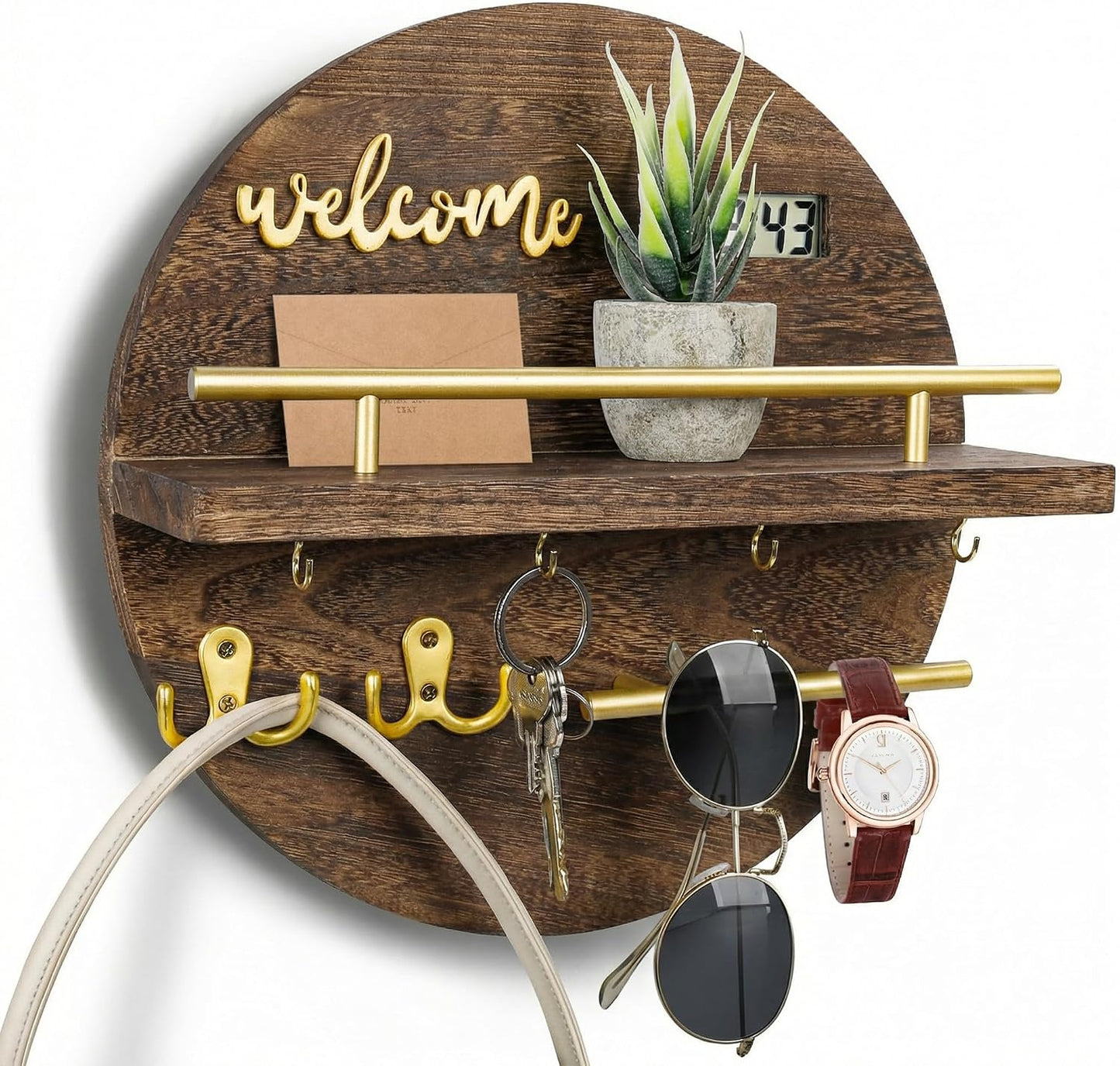 Key Holder for Wall, Key and Mail Holder Organizer with - Key Holder Wall Mount - Round Wooden Rustic Home Decor for Entryway, Mudroom, Hallway, Kitchen Office (Black)