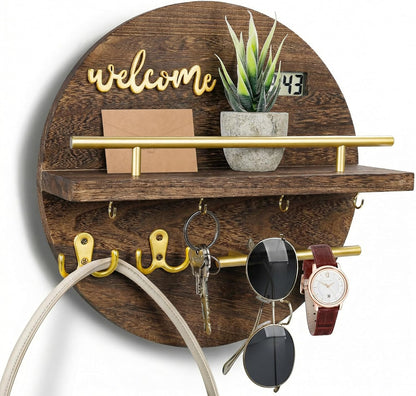 Key Holder for Wall, Key and Mail Holder Organizer with - Key Holder Wall Mount - Round Wooden Rustic Home Decor for Entryway, Mudroom, Hallway, Kitchen Office (Black)