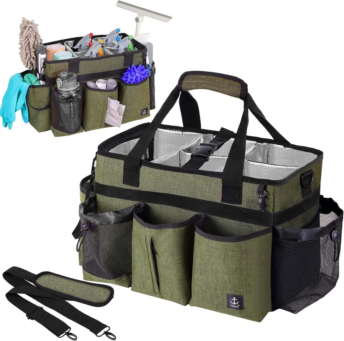 Large Cleaning Caddy Bag Built-in hard plastic sheet Aluminum foil lining | Waterproof nylon, aluminum foil lining, detachable dividers, dual straps for housekeepers