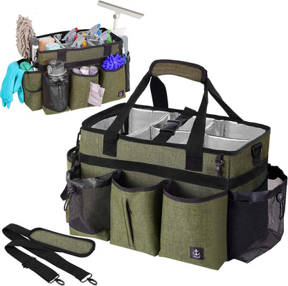 Large Cleaning Caddy Bag Built-in hard plastic sheet Aluminum foil lining | Waterproof nylon, aluminum foil lining, detachable dividers, dual straps for housekeepers