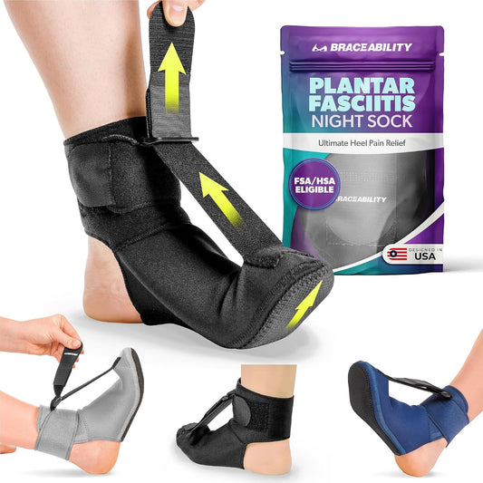 BraceAbility Plantar Fasciitis Night Splint Sock - Plantar Fascia Boot for Sleeping, Achilles Tendonitis Relief, Foot Drop, Heel Pain - Planter Facetious Brace for Women and Men - Gray (L)