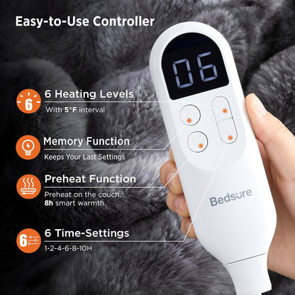 Bedsure Heated Blanket Electric Throw - Thick Striped Fast Heating Electric Blanket with Preheat Function, 6 Heat & 6 Timer (Up to 10H), 8H Auto Off, ETL Certified, Gifts for Women (50"x60", White)