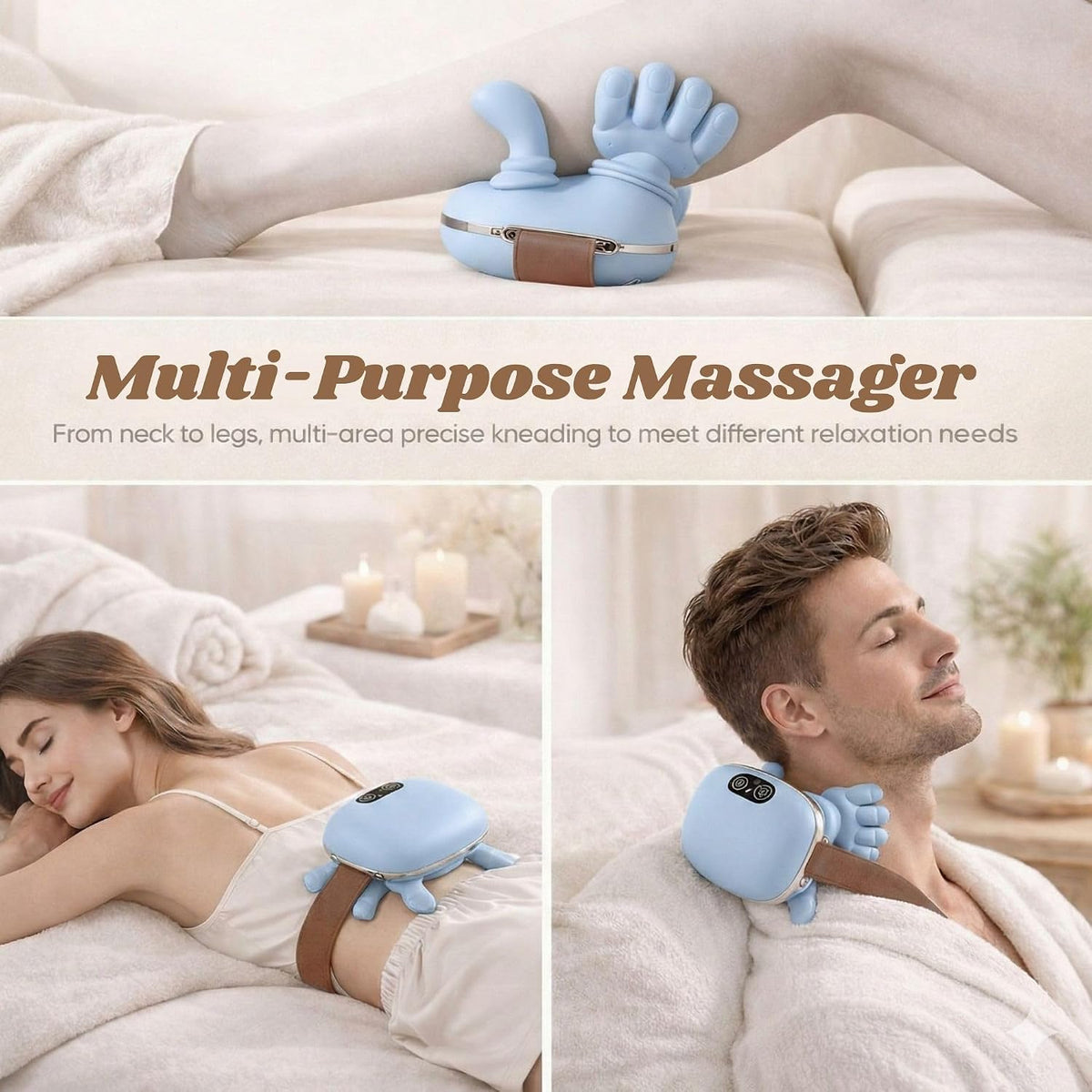 LIVINGPRO Neck & Shoulder Massager with Heat, Deep Tissue Shiatsu with Bionic Palm 4D Kneading, Simulated Human Hand Massage, 3 Adjustable Intensities, Portable Pain Relief for Home & Office