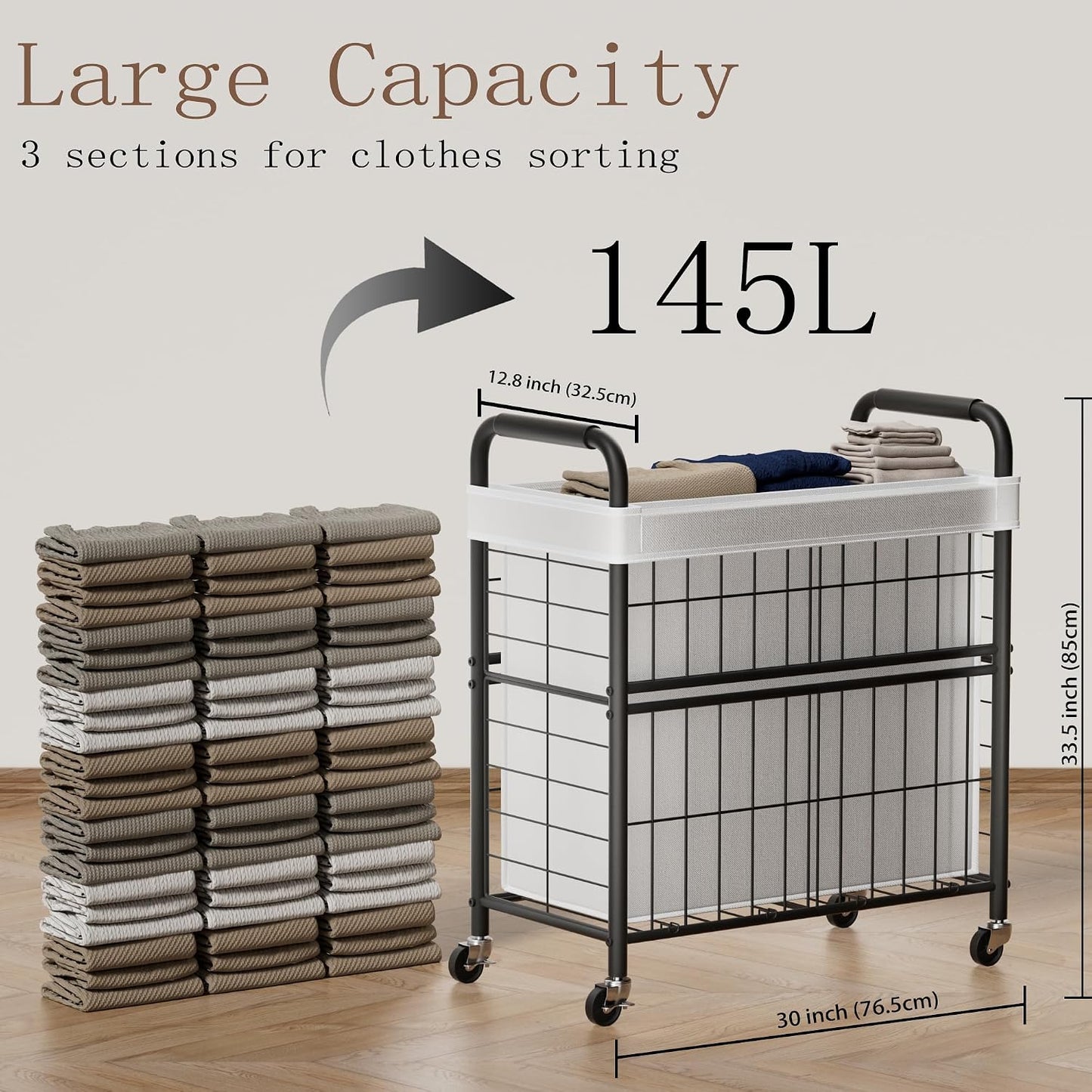 110L Rolling laundry Sorter Hamper Basket 2 Section with Wheels | Laundry Cart with Removable Bag, Clothes Organizer, Bedroom, Bathroom, Laundry Room, Dorm Use