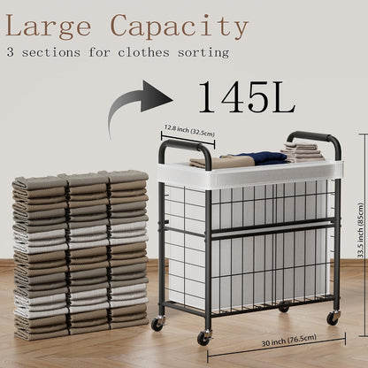 110L Rolling laundry Sorter Hamper Basket 2 Section with Wheels | Laundry Cart with Removable Bag, Clothes Organizer, Bedroom, Bathroom, Laundry Room, Dorm Use