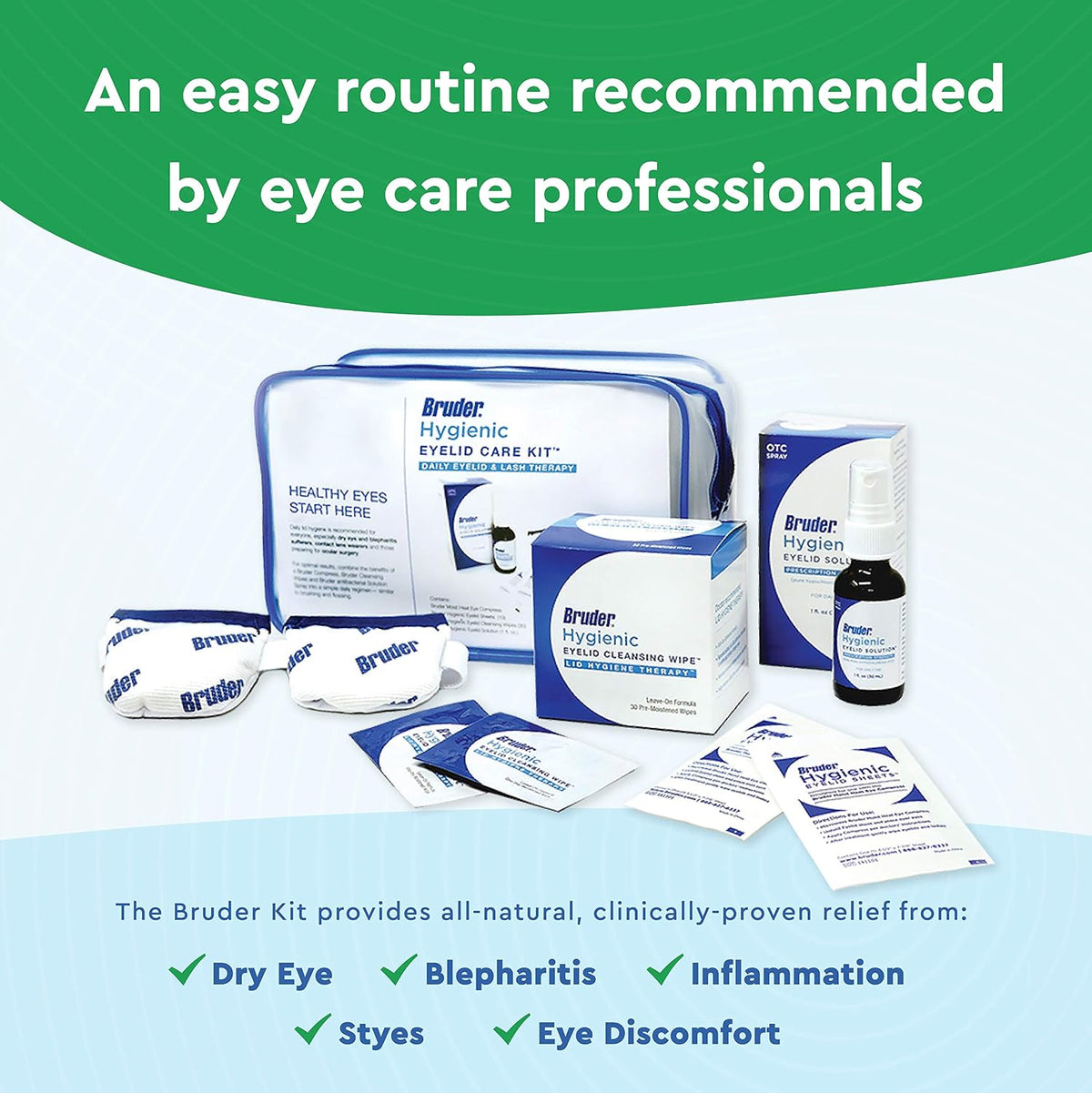 Bruder Hygienic Eyelid Care Kit - Moist Heat Eye Compress Mask, Eyelid Cleansing Wipes & Spray - Soothe Dry Eyes & Improve Health