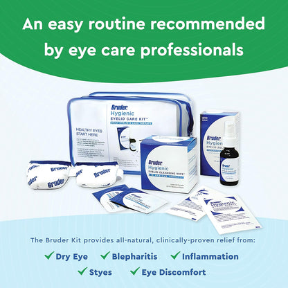 Bruder Hygienic Eyelid Care Kit - Moist Heat Eye Compress Mask, Eyelid Cleansing Wipes & Spray - Soothe Dry Eyes & Improve Health