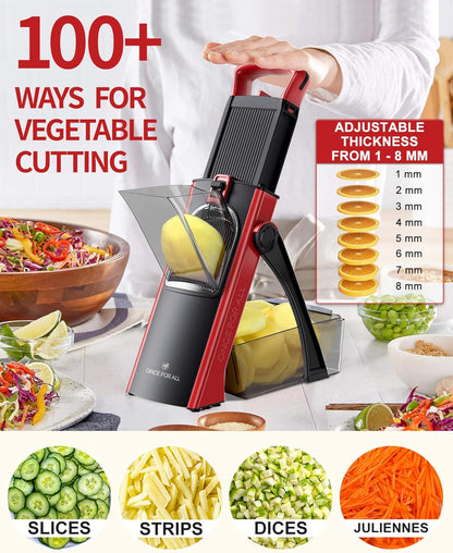 ONCE FOR ALL Safe Mandoline Slicer Plus, Bigger Size, Potato Slicer, Black | 0.1-8mm Adjustable Vegetable Food Chopper, Kitchen Mandoline Slicer Stainless Steel, Detachable Blade, Dishwasher-safe, Gift