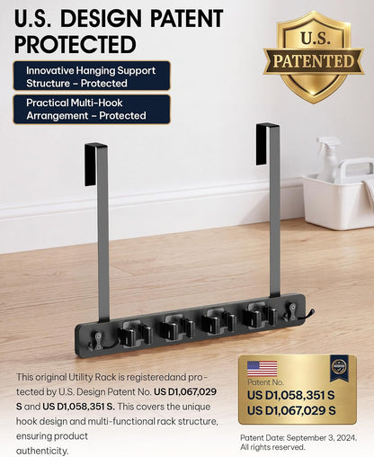 Lorbro Broom Holder Door Mount, Wood Over the Door Broom and Mop Holder | 4 Slots 4 Hooks, No Drill Setup, EVA Protection Pads, Secure Grip, Laundry Garage Closet Kitchen Use, White
