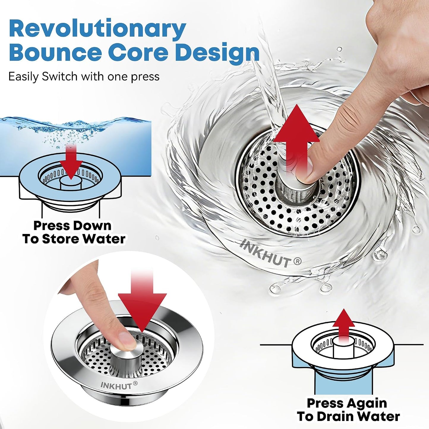 Upgraded 3 in 1 Kitchen Sink Drain Strainer | Stainless Steel Sink Stopper, Anti-Clogging Food Catcher Basket, Bounce Core Drain Strainer Plug for 3 1/2 inch Drain