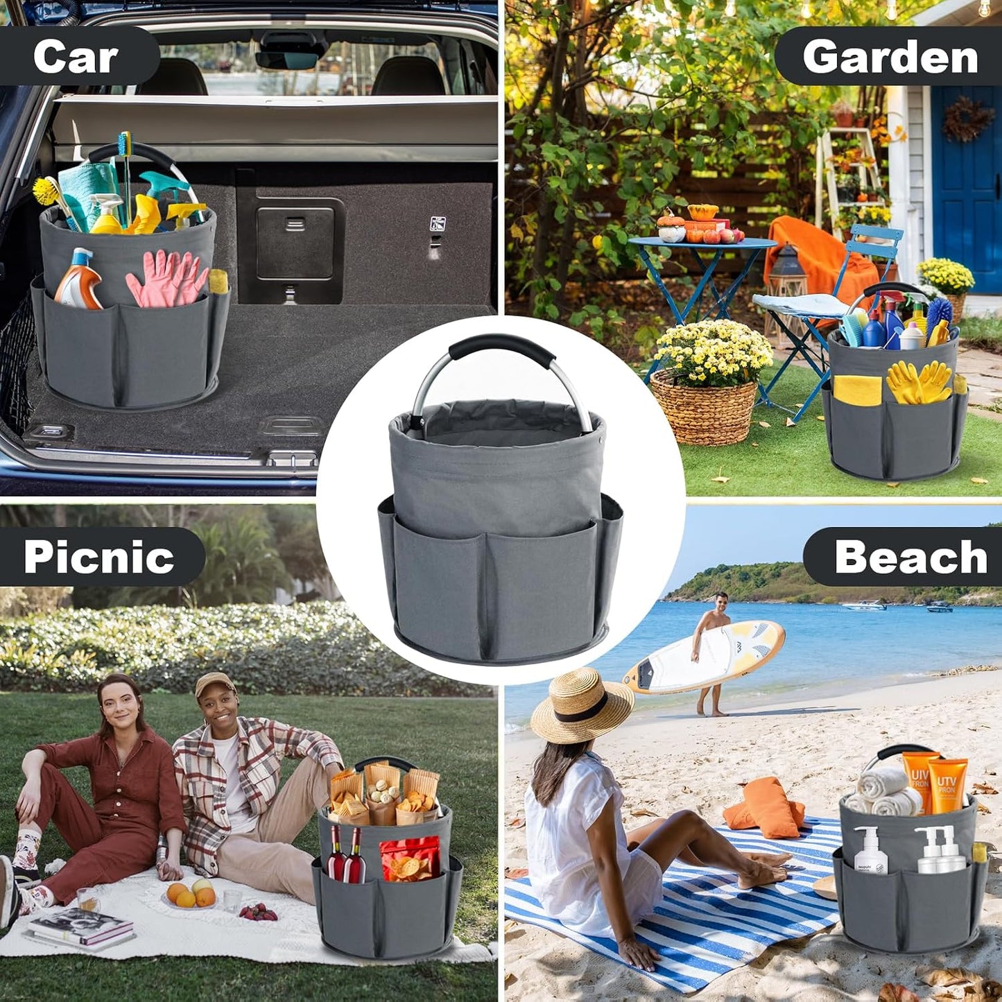 Cleaning Caddy with Handle, Cleaning Products Organiser, 17L Foldable Storage Basket, Cleaning Caddy Organiser, Portable Multi Cleaning Bucket Bag for Home, Garden (Black)