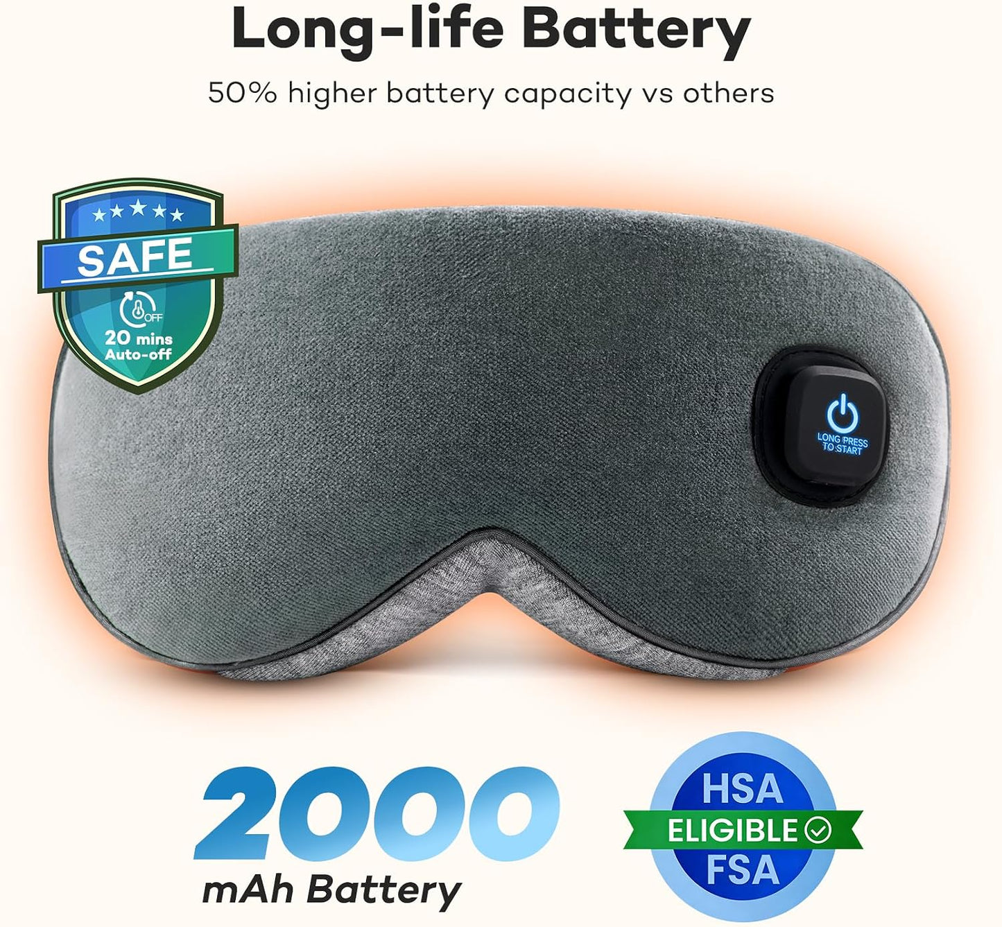 Ezona Cotton Cordless Heated Eye Mask, 2000mAh Warm Eye Compress Mask for Dry Eyes, Washable Eye Heating Pad for Travel, MGD,Blepharitis, Sinus Migraine with 10W Charger（Gray）