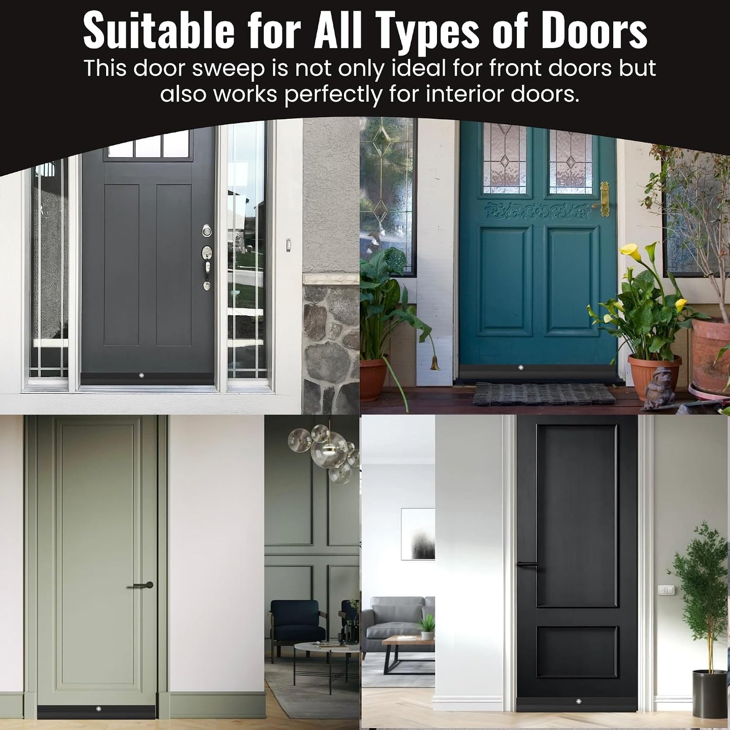 U Shaped Aluminum Door Bottom Sweep with Drip Cap, Draft Stopper for Bottom of Door, Weather Stripping Seal for Exterior and Interior Doors, 1 3/4" Width, Black (36 Inch)